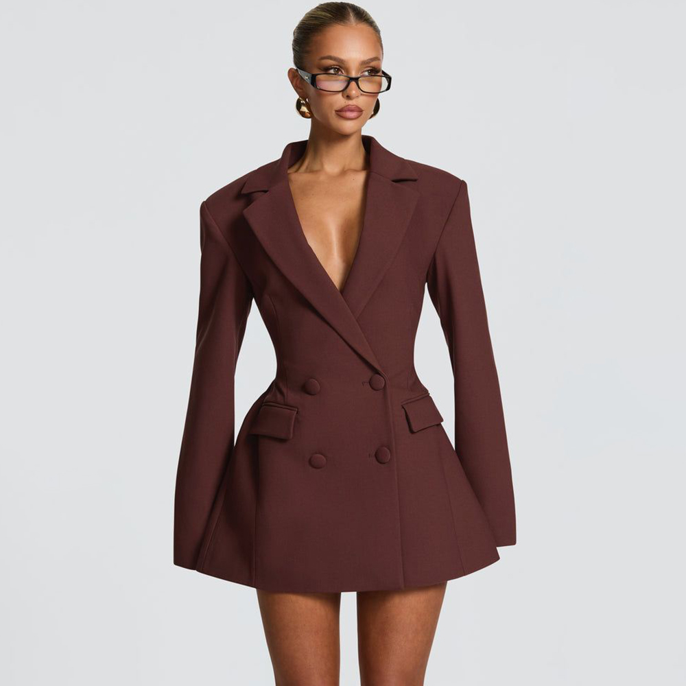 Women Formal Wear With Blazer - Elegant Women's Brown Flared Blazer Dress